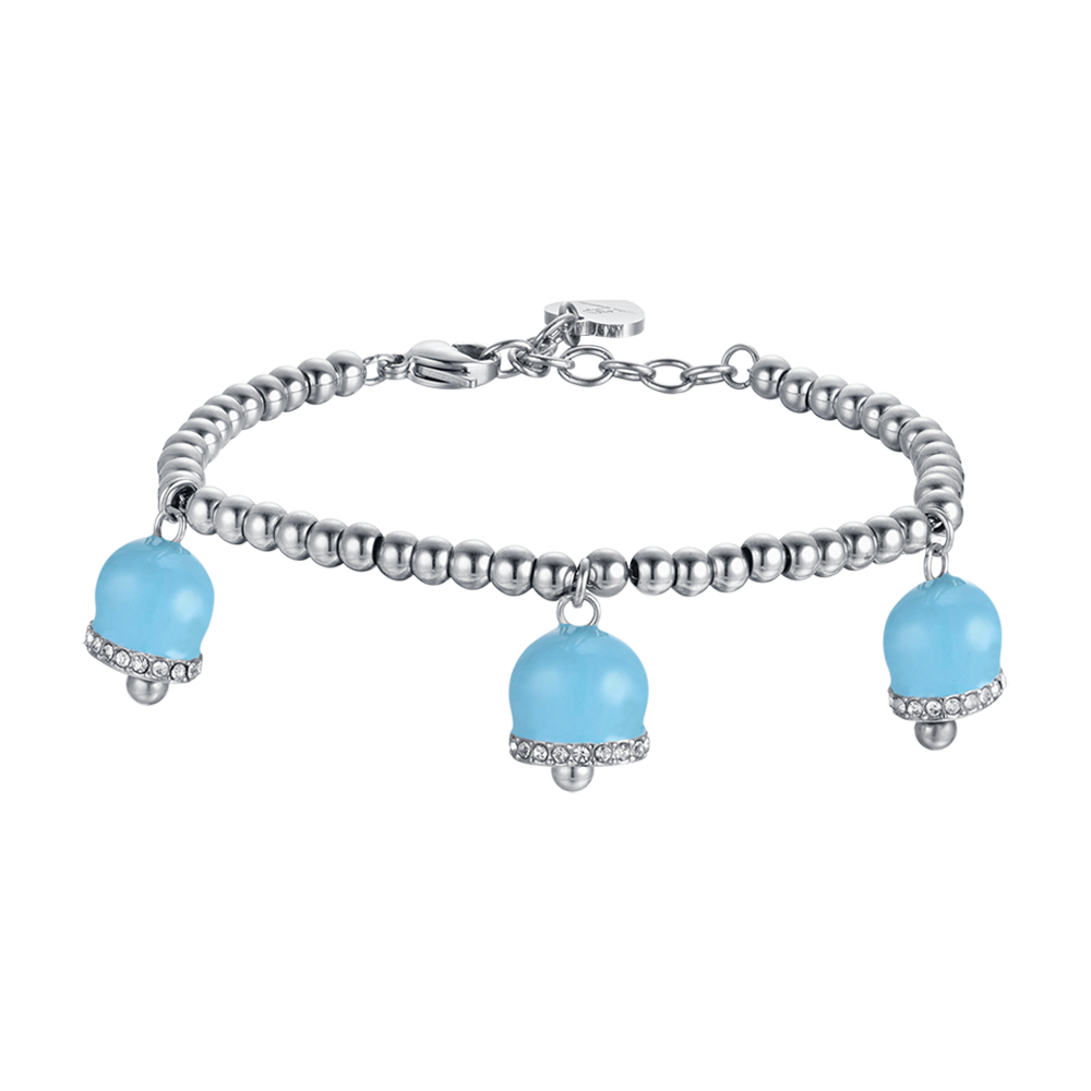 WOMEN'S STEEL BRACELET WITH BELLS WITH TURQUOISE ENAMEL AND CRYSTALS