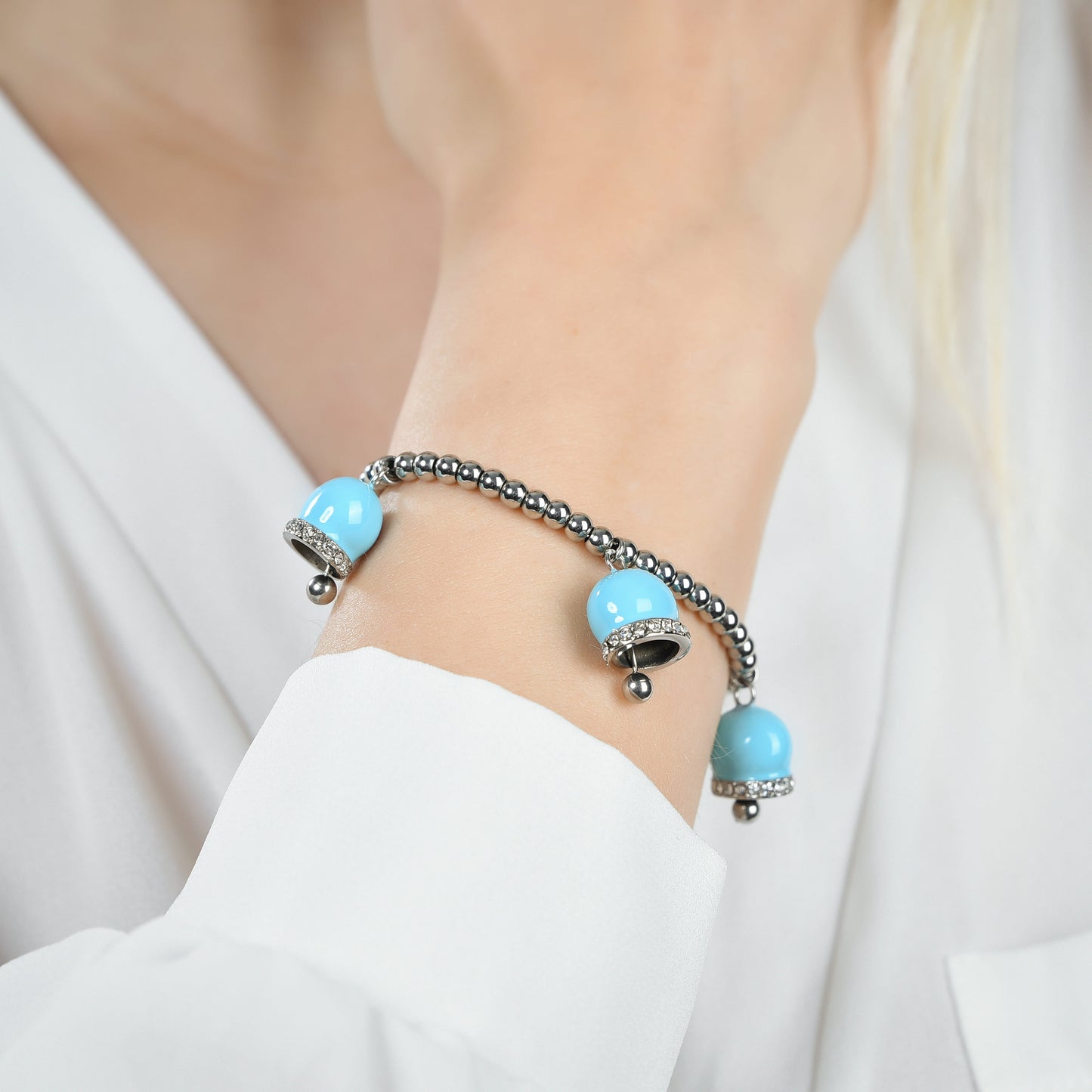 WOMEN'S STEEL BRACELET WITH BELLS WITH TURQUOISE ENAMEL AND CRYSTALS