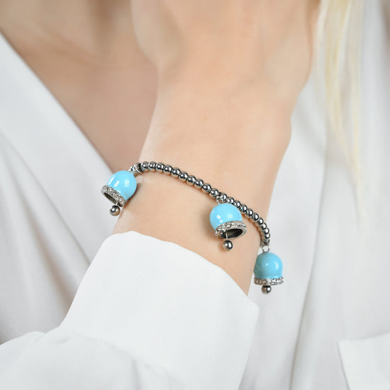 WOMEN'S STEEL BRACELET WITH BELLS WITH TURQUOISE ENAMEL AND CRYSTALS