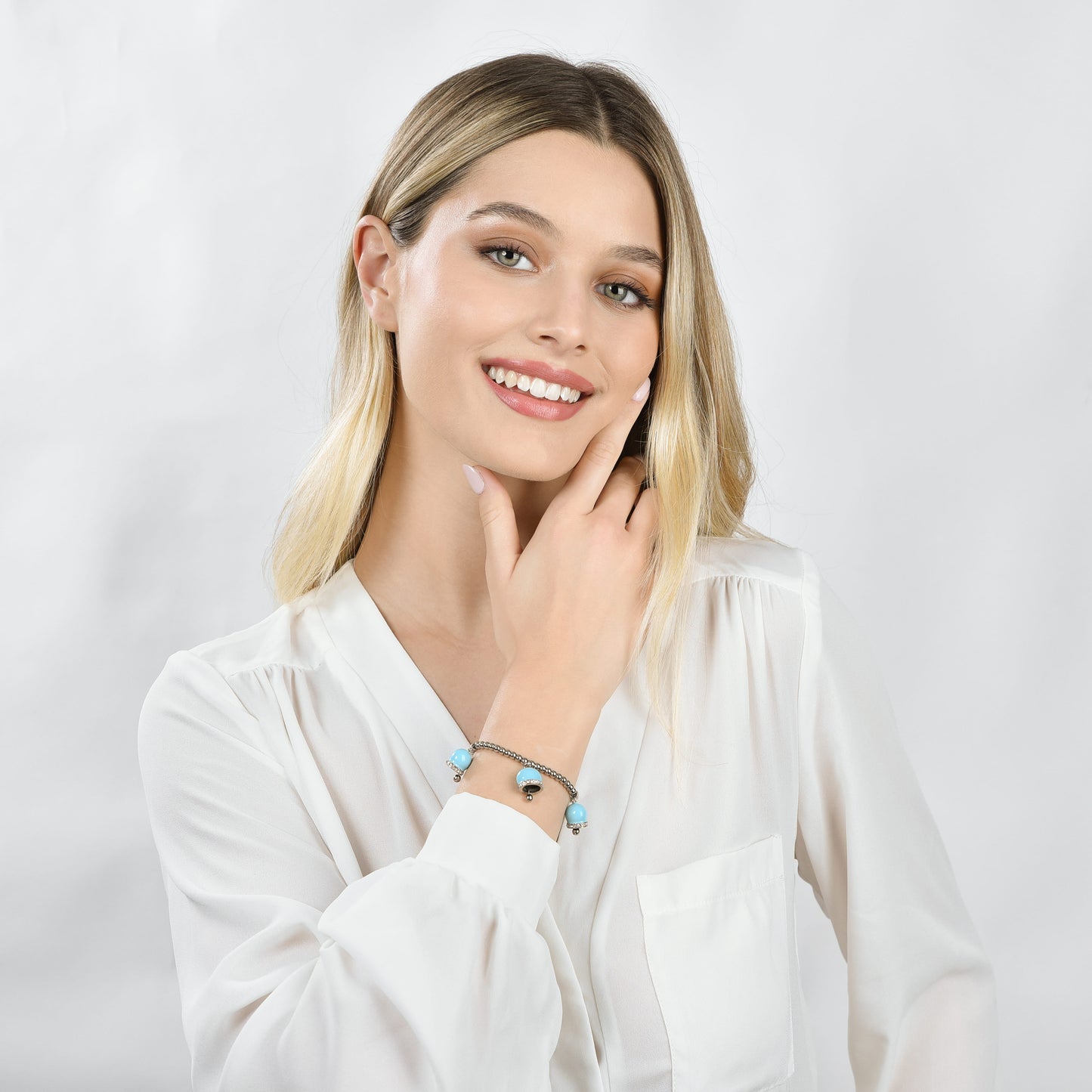 WOMEN'S STEEL BRACELET WITH BELLS WITH TURQUOISE ENAMEL AND CRYSTALS