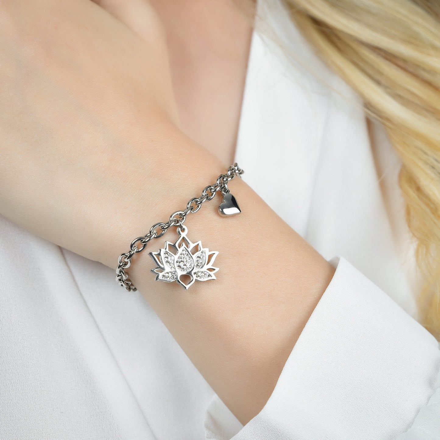 WOMEN'S STEEL LOTUS FLOWER BRACELET WITH WHITE CRYSTALS