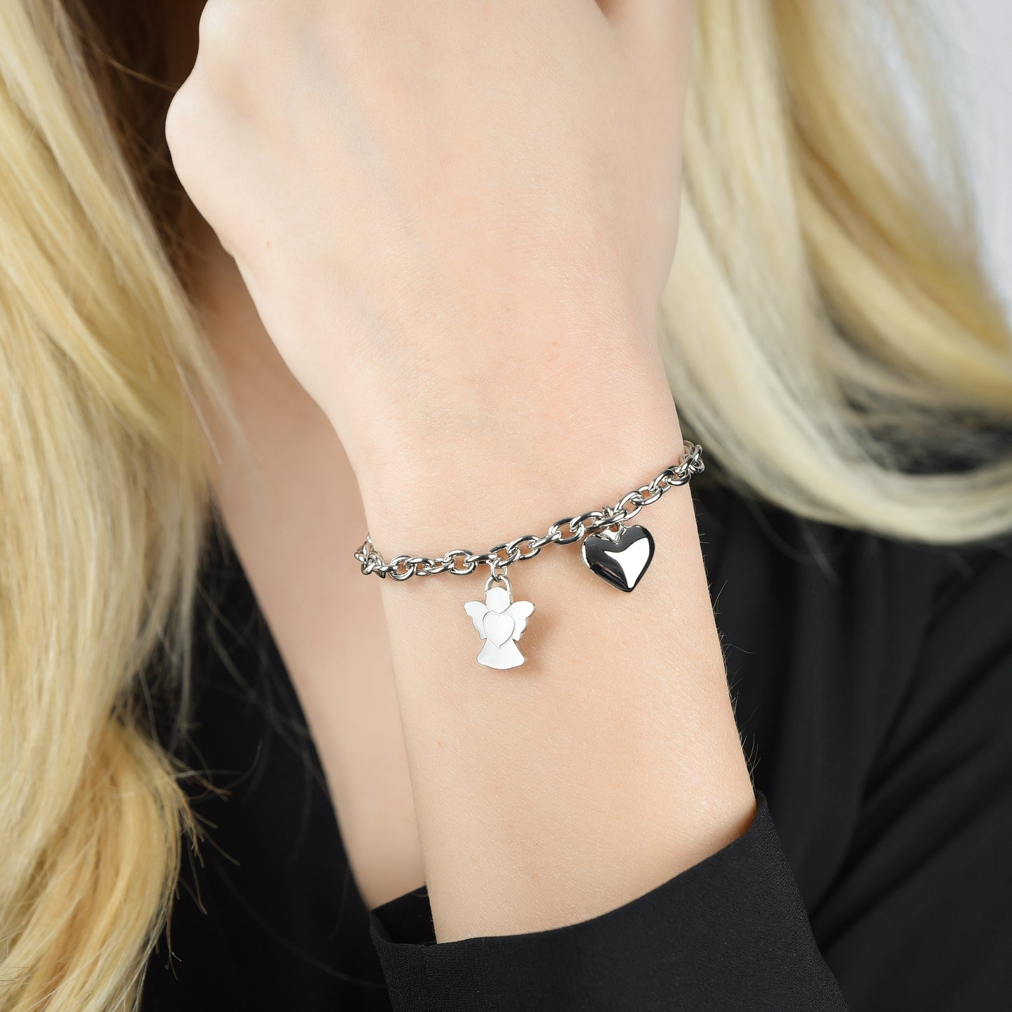 WOMEN'S STEEL BRACELET WITH ANGEL AND HEART CHARM