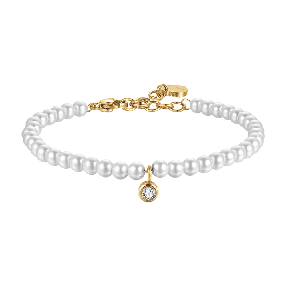 WOMEN'S IP GOLD STEEL BRACELET WITH PEARLS WITH WHITE CRYSTAL