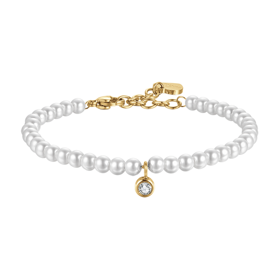 WOMEN'S IP GOLD STEEL BRACELET WITH PEARLS WITH WHITE CRYSTAL