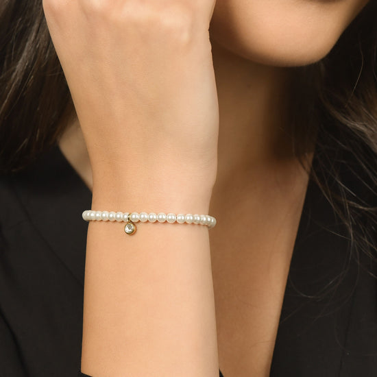 WOMEN'S IP GOLD STEEL BRACELET WITH PEARLS WITH WHITE CRYSTAL