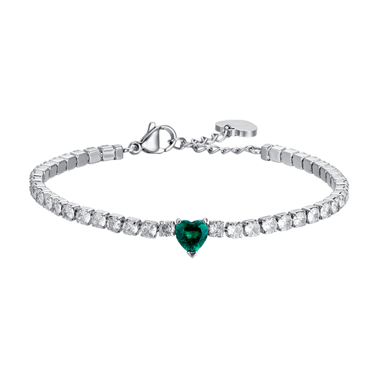 WOMEN'S STEEL TENNIS BRACELET WITH WHITE CRYSTALS AND GREEN CRYSTAL HEART