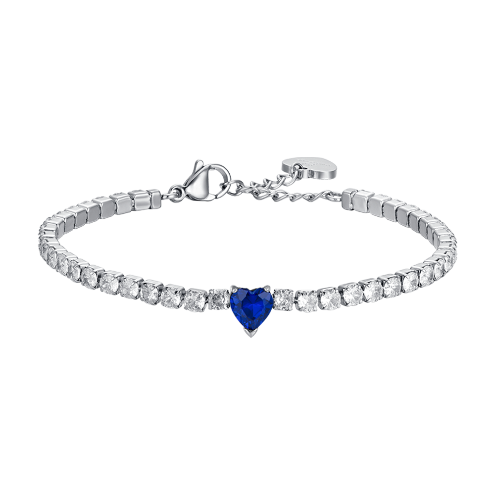 WOMEN'S STEEL TENNIS BRACELET WITH WHITE CRYSTALS AND BLUE CRYSTAL HEART