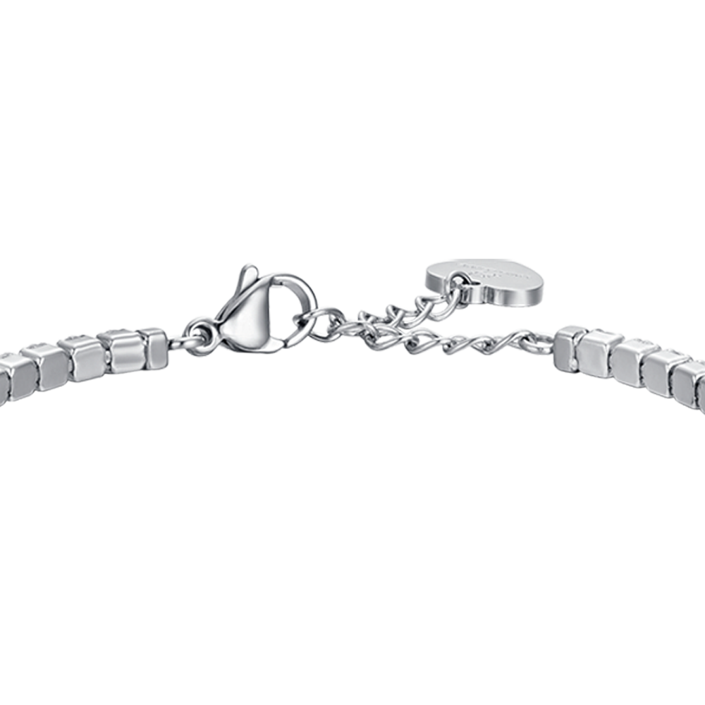 WOMEN'S STEEL TENNIS BRACELET WITH WHITE CRYSTALS AND BLUE CRYSTAL HEART