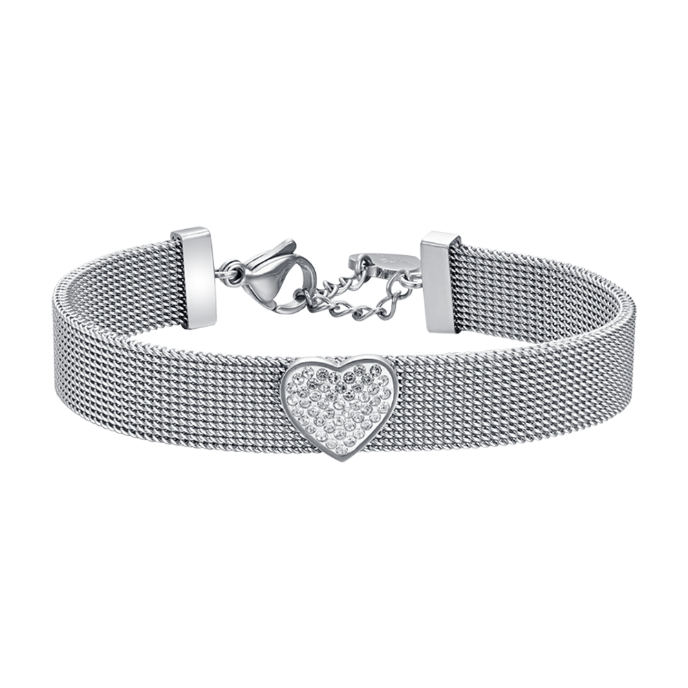 MILANO LINK STEEL WOMEN'S HEART BRACELET WITH WHITE CRYSTALS