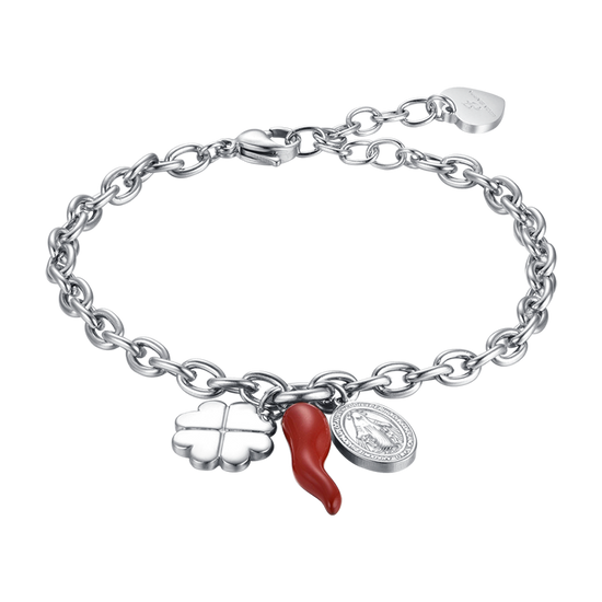 WOMEN'S STEEL BRACELET WITH CLOVERLEAF CHARM, HORN AND MADONNA