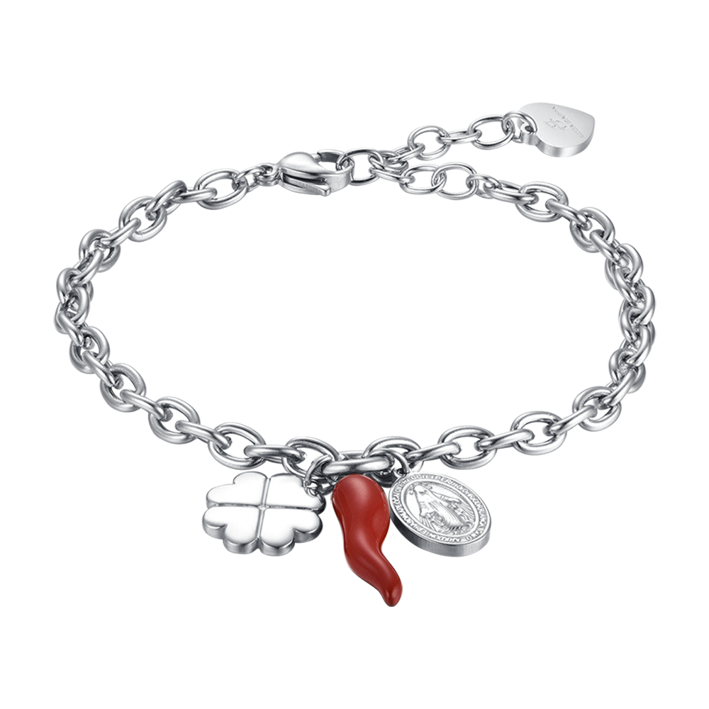 WOMAN'S BRACELET IN STEEL WITH CHARM QUADRIFOGLIO, CORN AND MADONNA Luca Barra