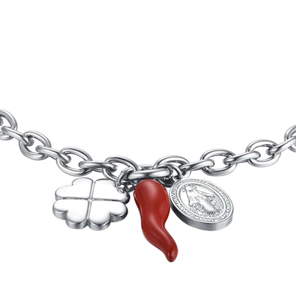 WOMAN'S BRACELET IN STEEL WITH CHARM QUADRIFOGLIO, CORN AND MADONNA Luca Barra