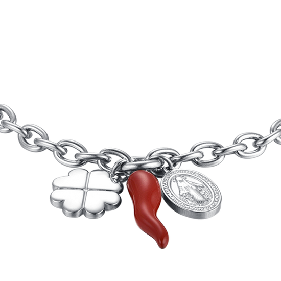 WOMAN'S BRACELET IN STEEL WITH CHARM QUADRIFOGLIO, CORN AND MADONNA Luca Barra