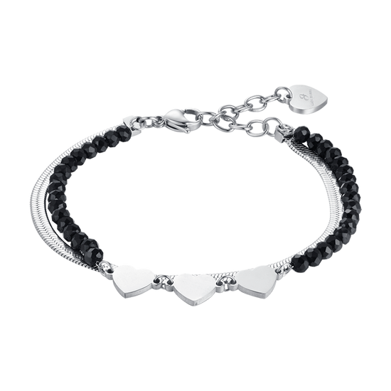 WOMEN'S MULTI-STRAND STEEL BRACELET WITH BLACK CRYSTALS AND HEARTS