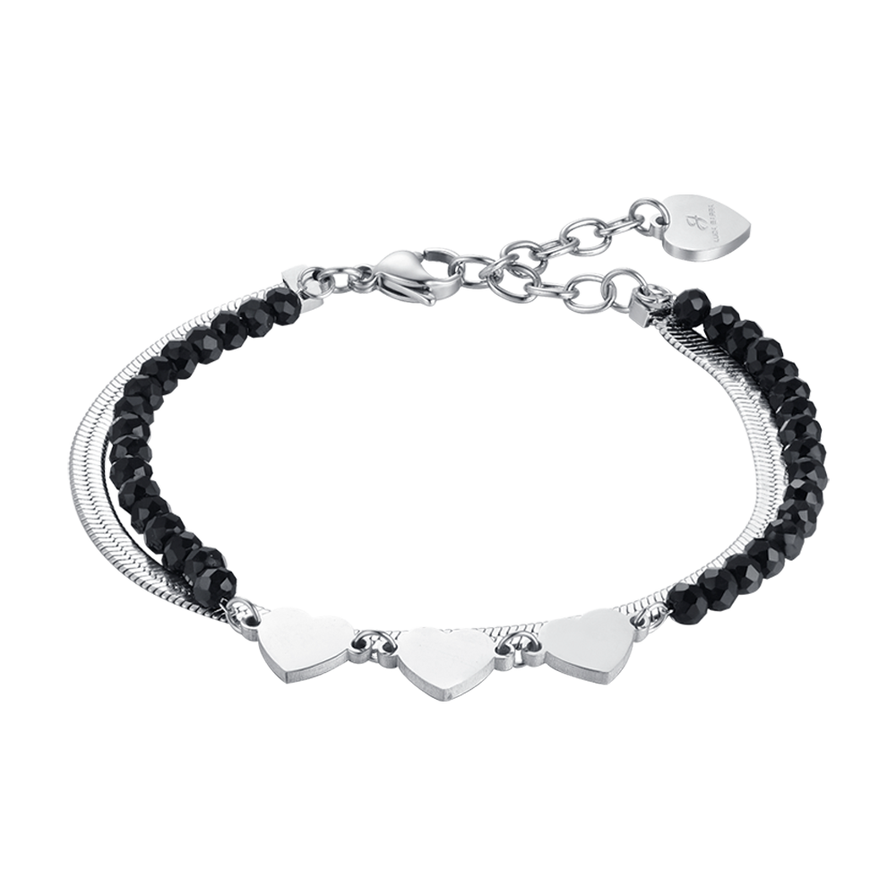 WOMEN'S MULTI-STRAND STEEL BRACELET WITH BLACK CRYSTALS AND HEARTS