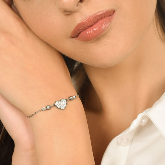 WOMEN'S STEEL HEART BRACELET WITH WHITE CRYSTALS