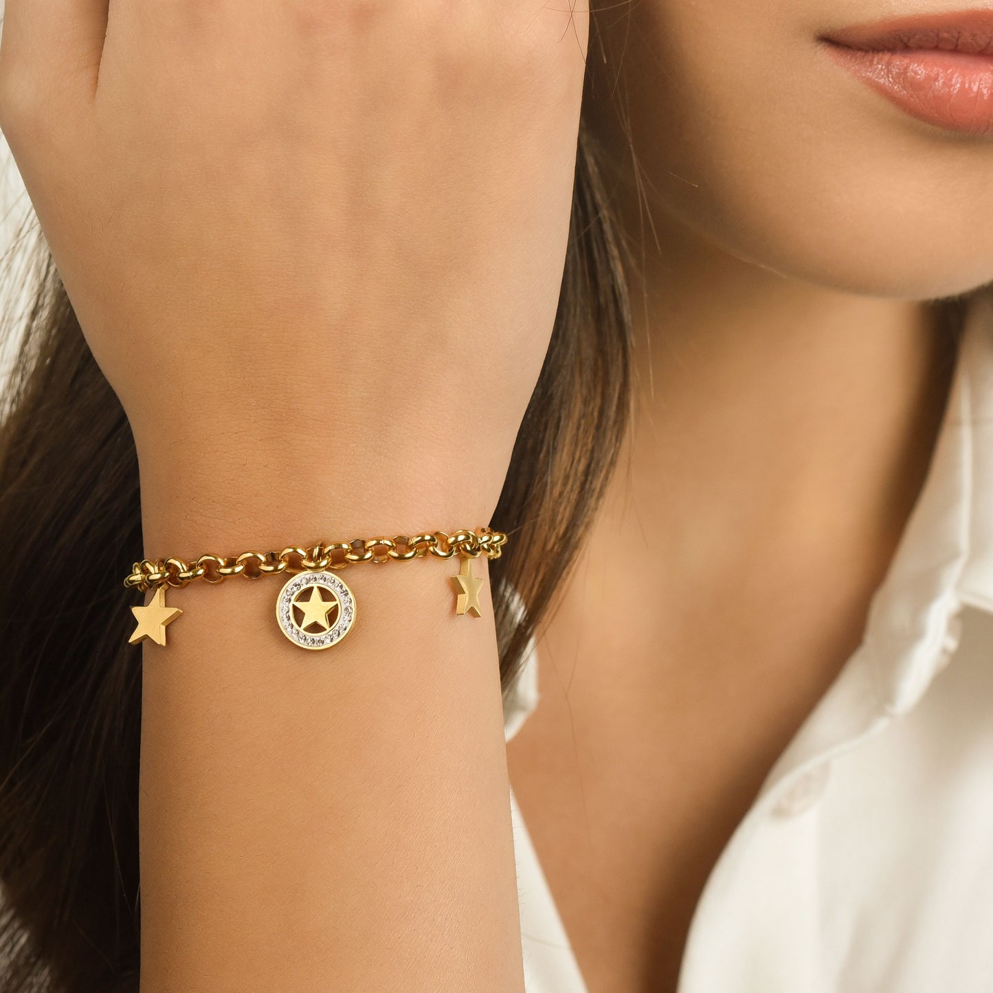 IP GOLD STEEL WOMEN'S BRACELET WITH STARS AND WHITE CRYSTALS