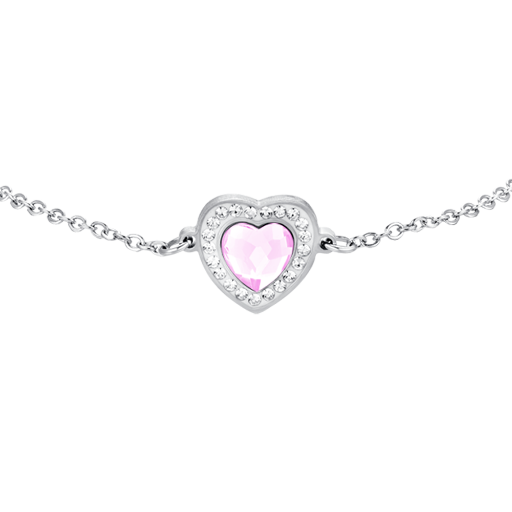 PINK CRYSTAL HEART STEEL WOMEN'S BRACELET WITH WHITE CRYSTALS