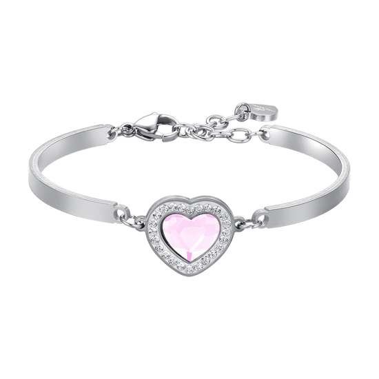 PINK CRYSTAL HEART STEEL WOMEN'S BRACELET WITH WHITE CRYSTALS