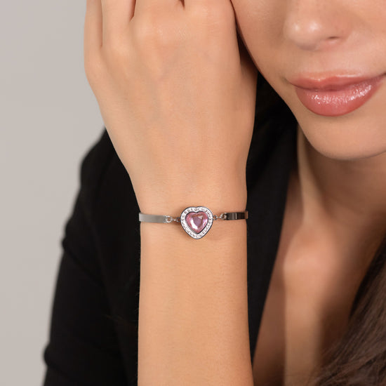 PINK CRYSTAL HEART STEEL WOMEN'S BRACELET WITH WHITE CRYSTALS