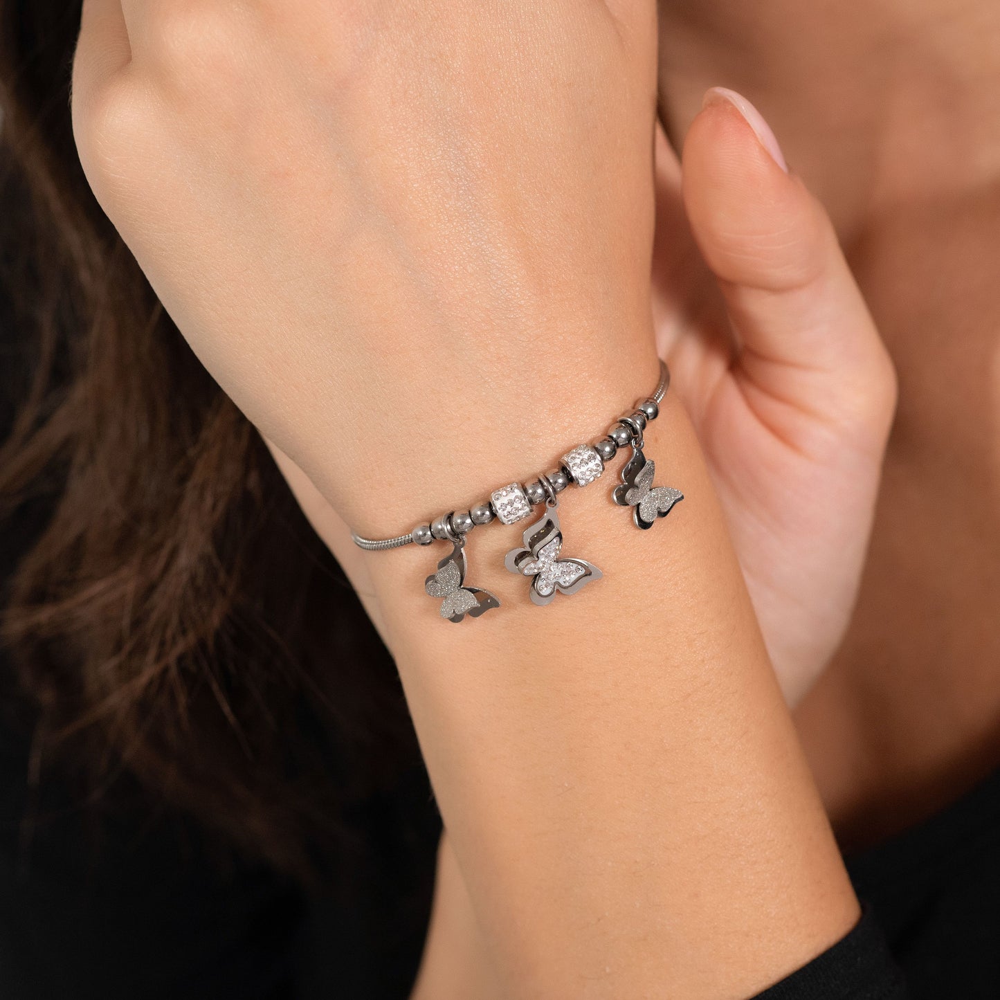 WOMEN'S STEEL BUTTERFLY BRACELET WITH WHITE CRYSTALS