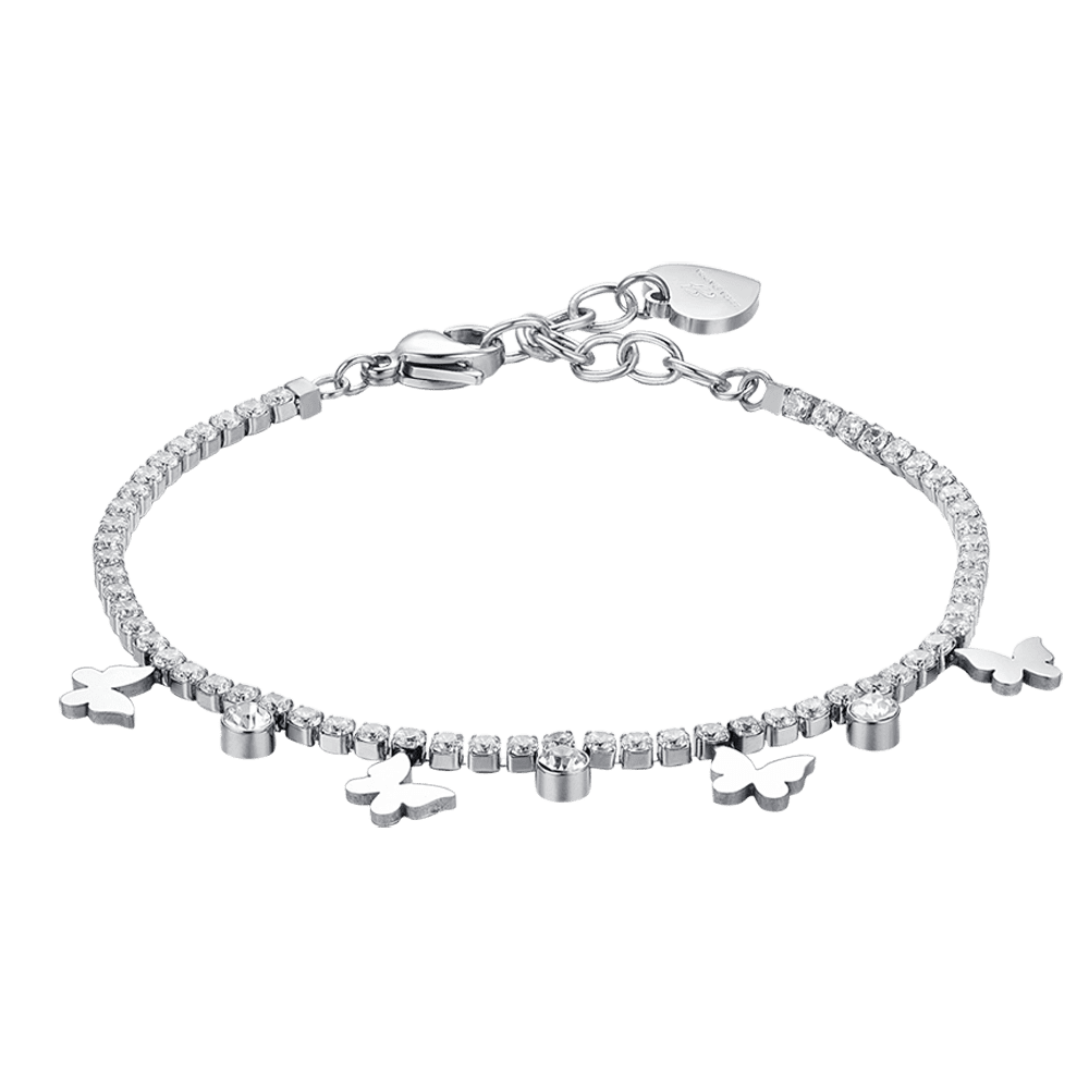 WOMAN'S TENNIS BRACELET IN STEEL WITH WHITE CRYSTALS AND BUTTERFULS Luca Barra