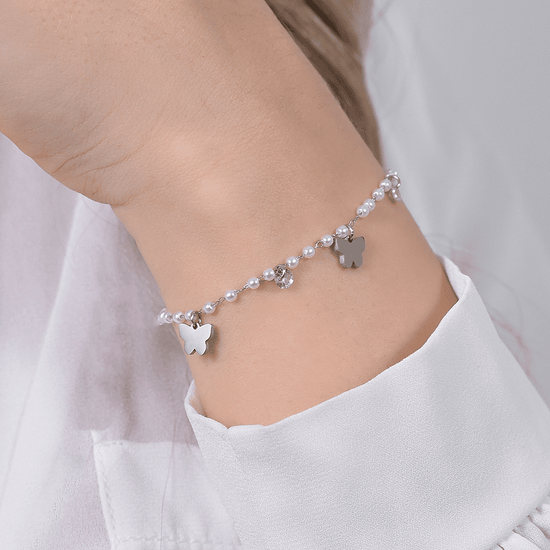 WOMEN'S STEEL PEARL BRACELET WITH BUTTERFLIES