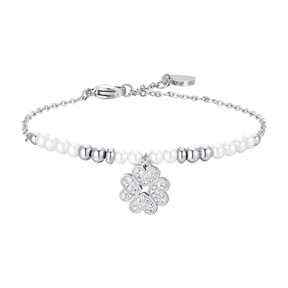 WOMEN'S STEEL BRACELET WITH PEARLS AND FOUR-LEAF CLOVER