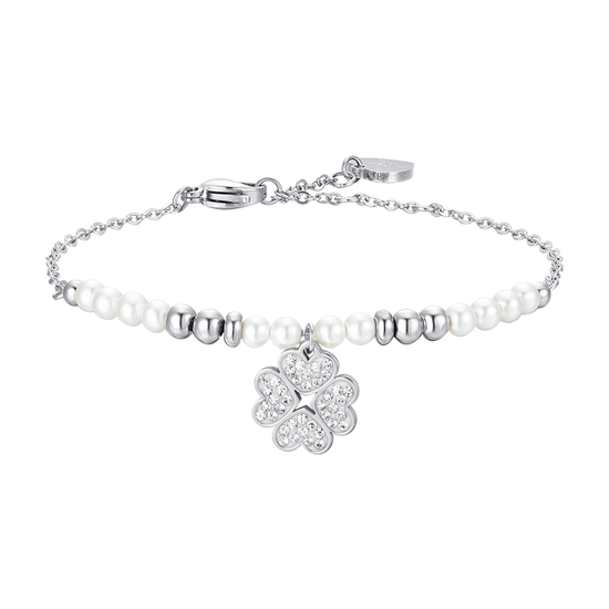 WOMEN'S STEEL BRACELET WITH PEARLS AND FOUR-LEAF CLOVER