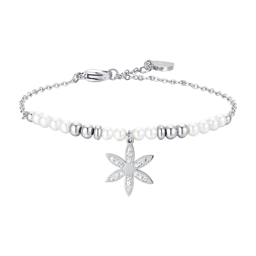 WOMEN'S STEEL BRACELET WITH PEARLS AND FLOWER OF LIFE