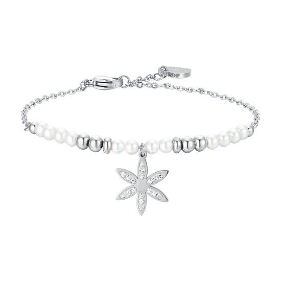 WOMEN'S STEEL BRACELET WITH PEARLS AND FLOWER OF LIFE