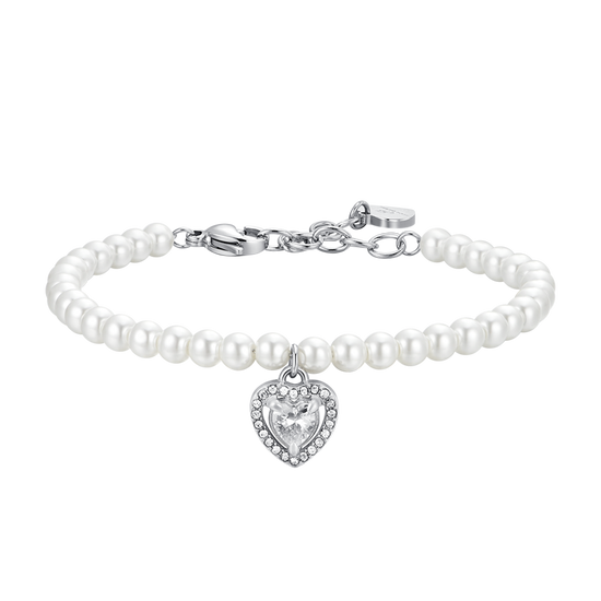 WOMEN'S STEEL PEARL AND WHITE ZIRCON HEART BRACELET