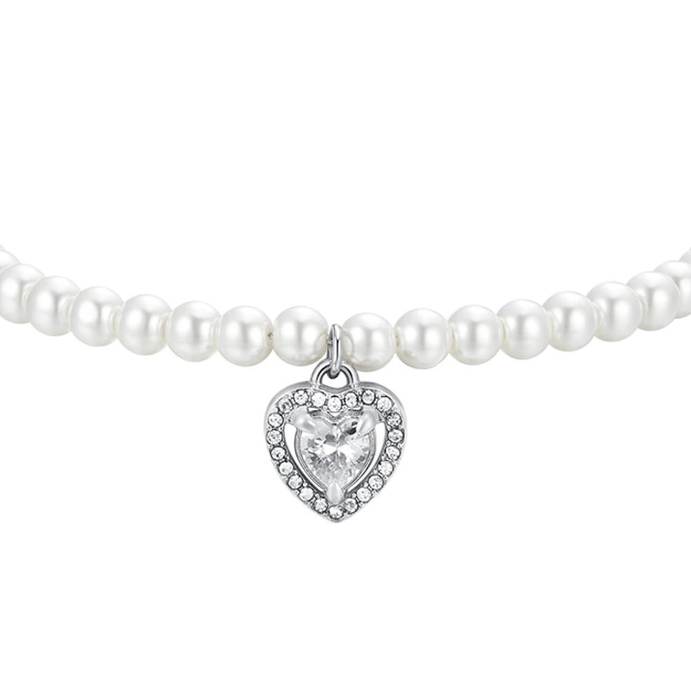 WOMEN'S STEEL PEARL AND WHITE ZIRCON HEART BRACELET