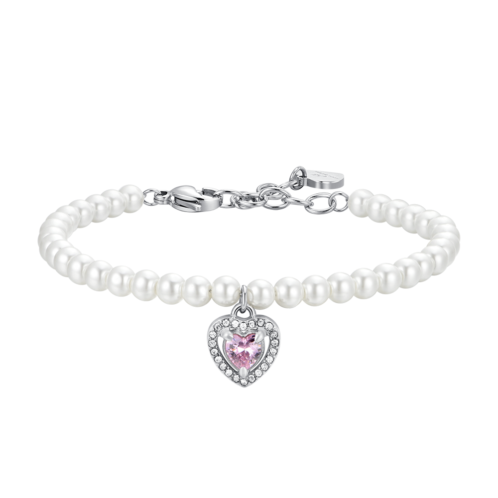 WOMEN'S STEEL PEARL AND PINK ZIRCON HEART BRACELET