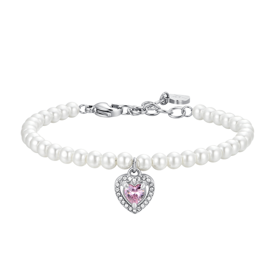 WOMEN'S STEEL PEARL AND PINK ZIRCON HEART BRACELET