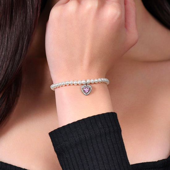 WOMEN'S STEEL PEARL AND PINK ZIRCON HEART BRACELET