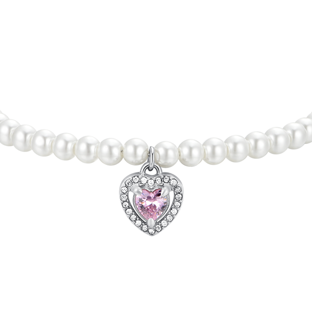 WOMEN'S STEEL PEARL AND PINK ZIRCON HEART BRACELET