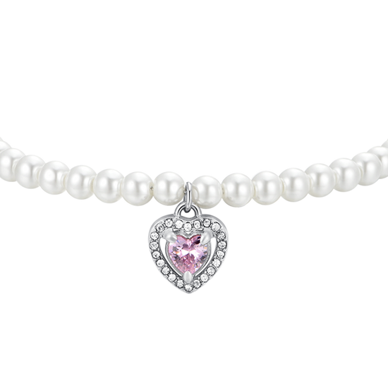 WOMEN'S STEEL PEARL AND PINK ZIRCON HEART BRACELET