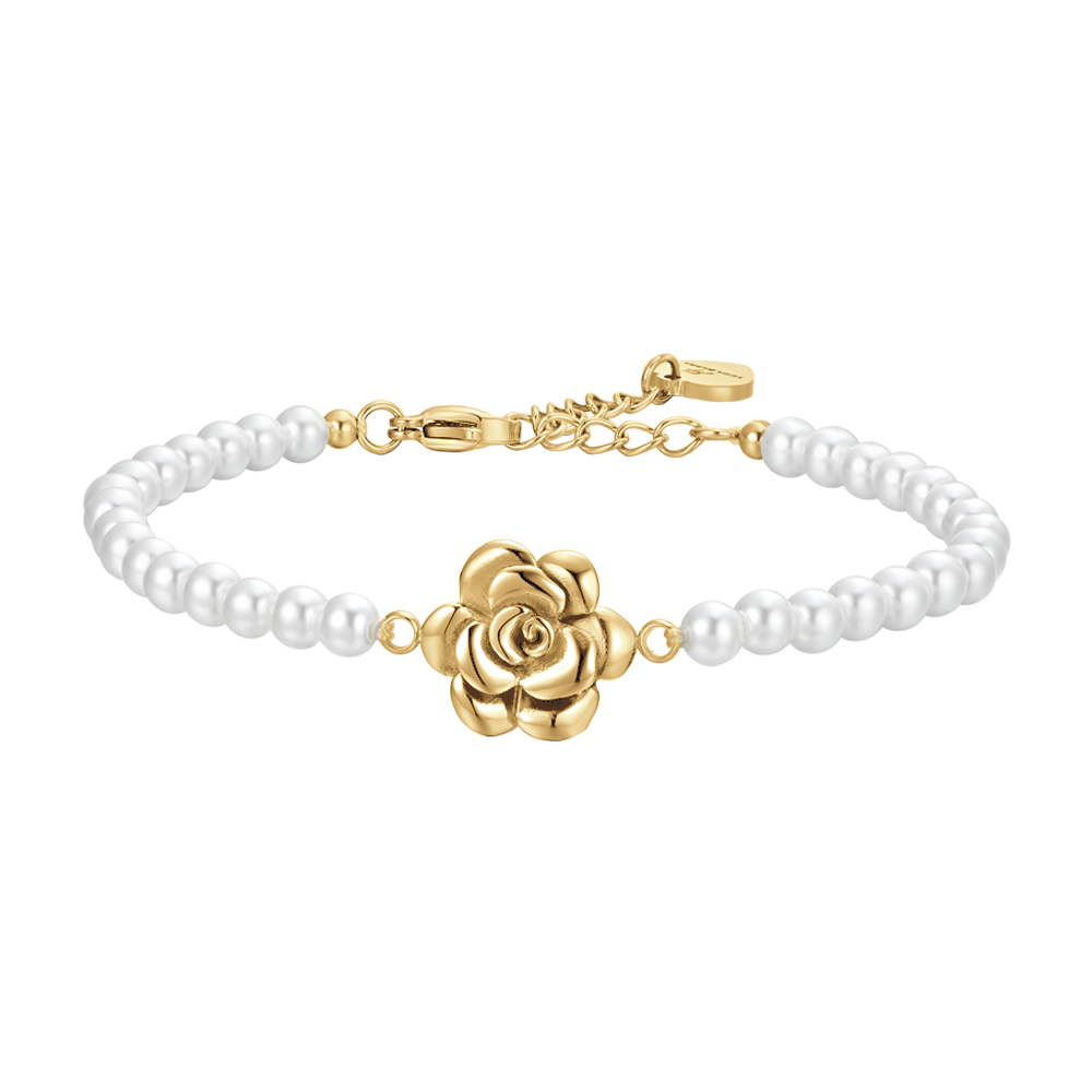 WOMEN'S STEEL IP GOLD PEARLS AND ROSE BRACELET