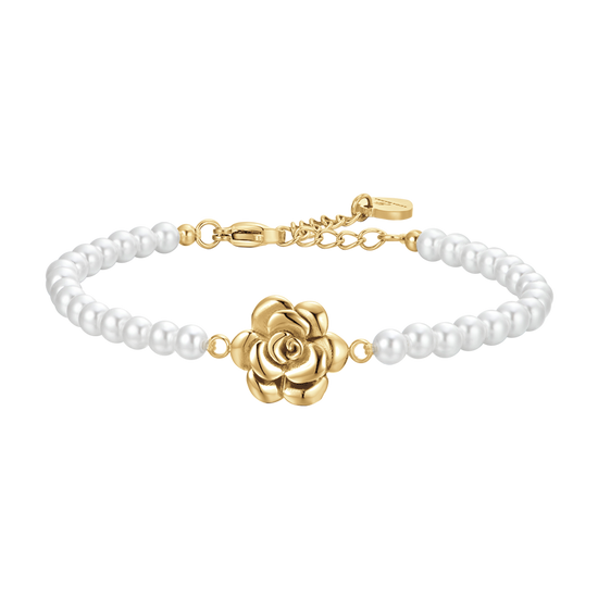 WOMEN'S STEEL IP GOLD PEARLS AND ROSE BRACELET