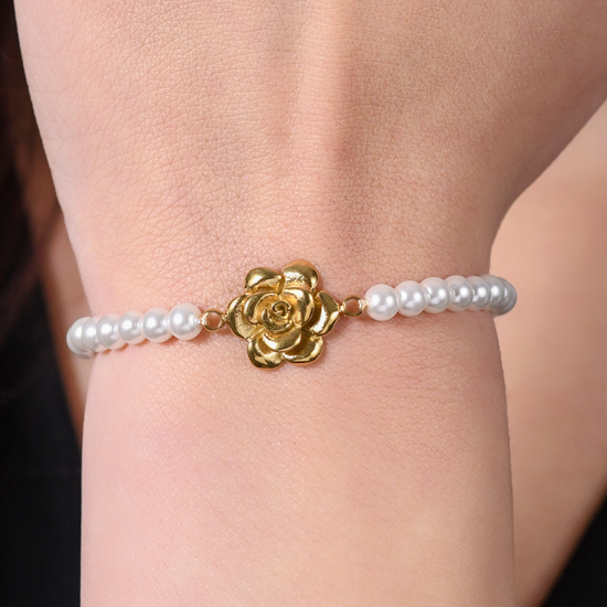 WOMEN'S STEEL IP GOLD PEARLS AND ROSE BRACELET