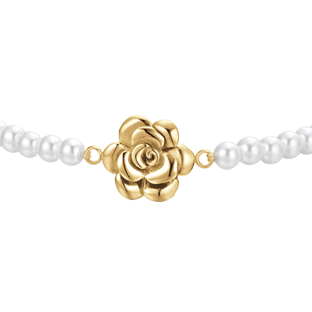 WOMEN'S STEEL IP GOLD PEARLS AND ROSE BRACELET