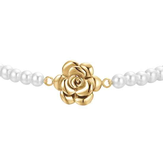 WOMEN'S STEEL IP GOLD PEARLS AND ROSE BRACELET