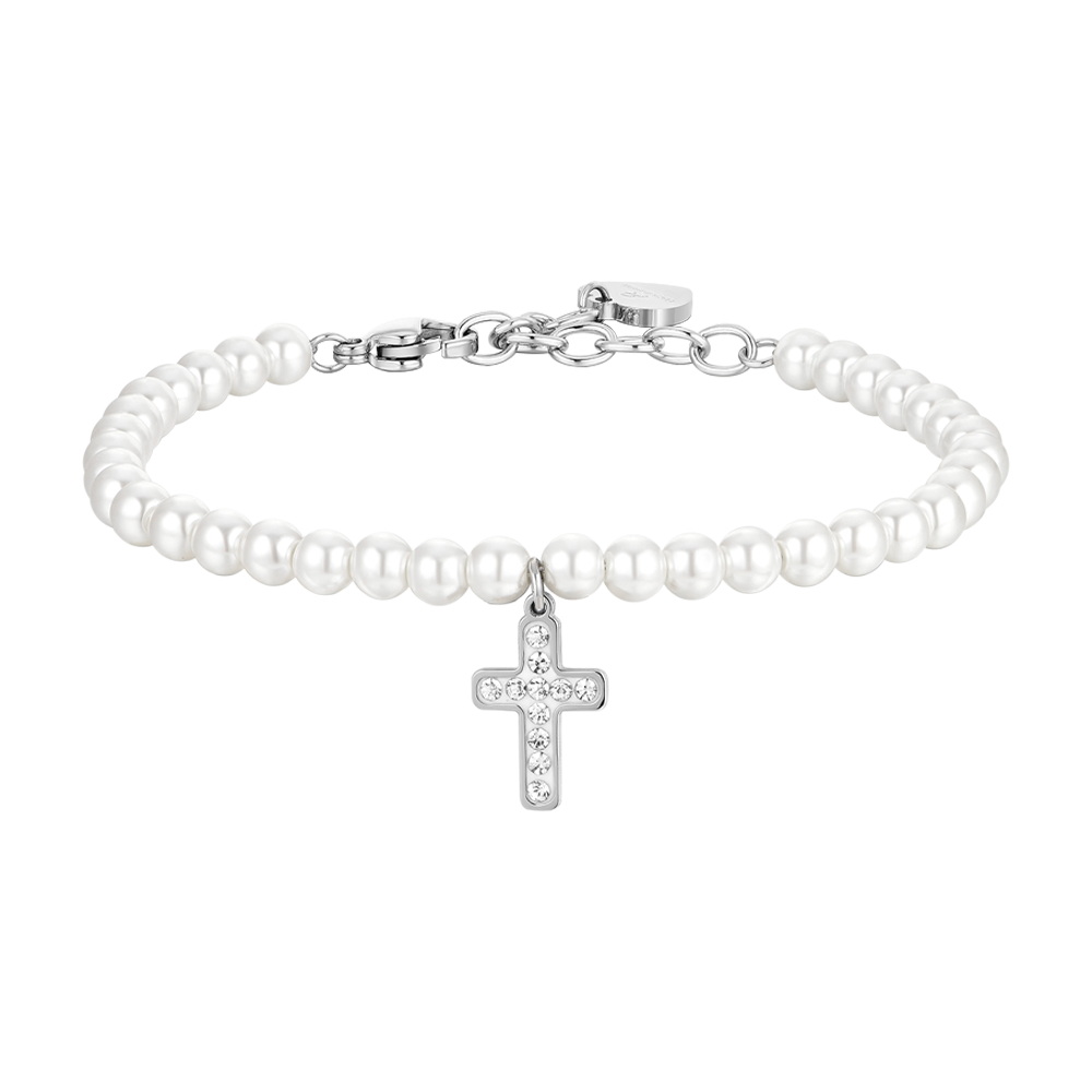 STEEL PEARLS AND CROSS WOMEN'S BRACELET