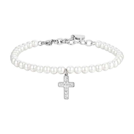 STEEL PEARLS AND CROSS WOMEN'S BRACELET