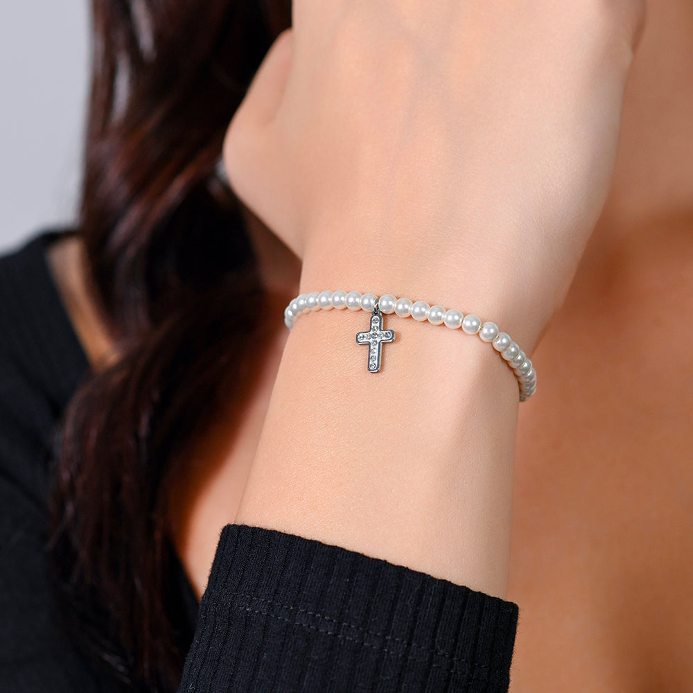 WOMAN'S BRACELET IN STEEL PEARLS AND CROSS Luca Barra