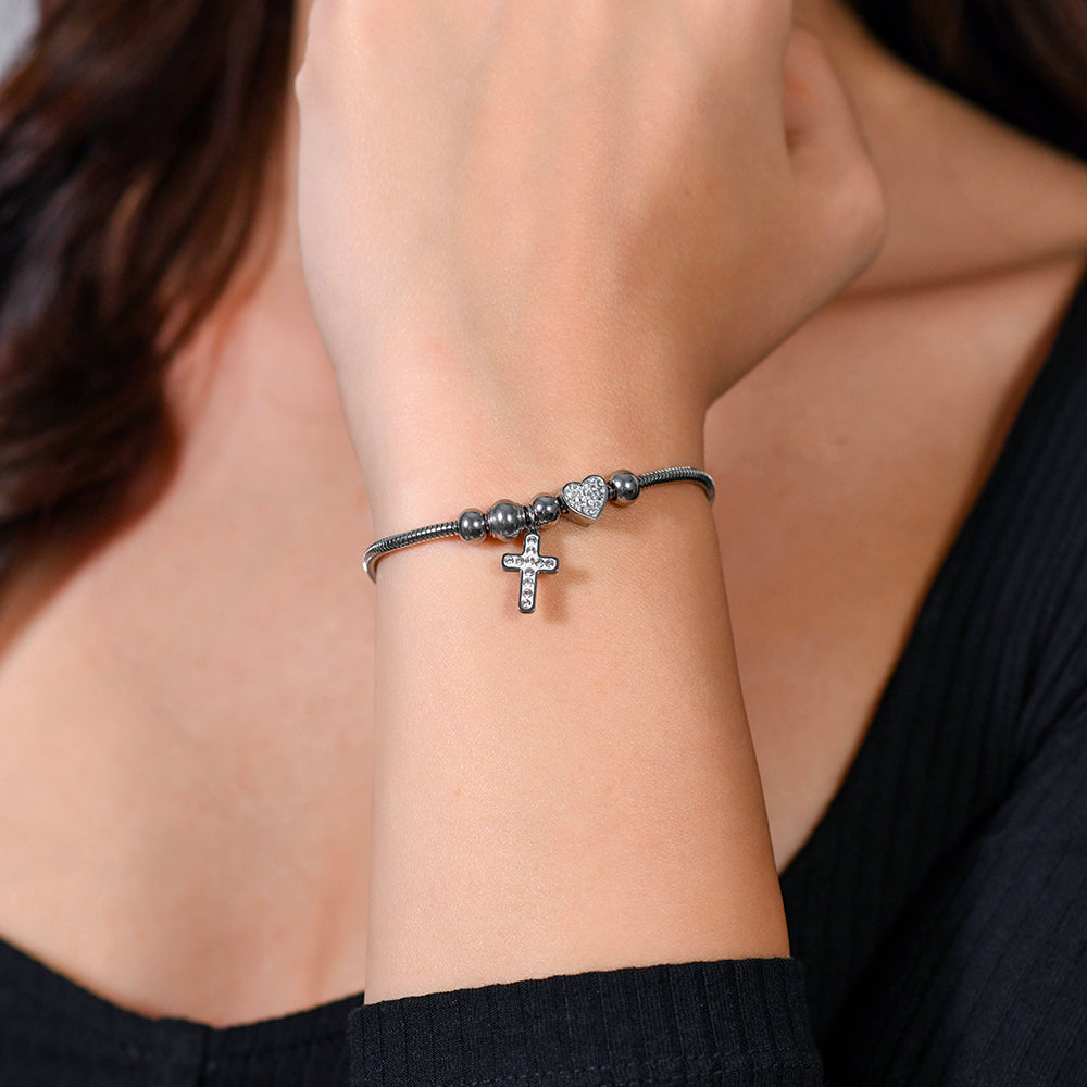 WOMEN'S STEEL CROSS AND CRYSTALS BRACELET