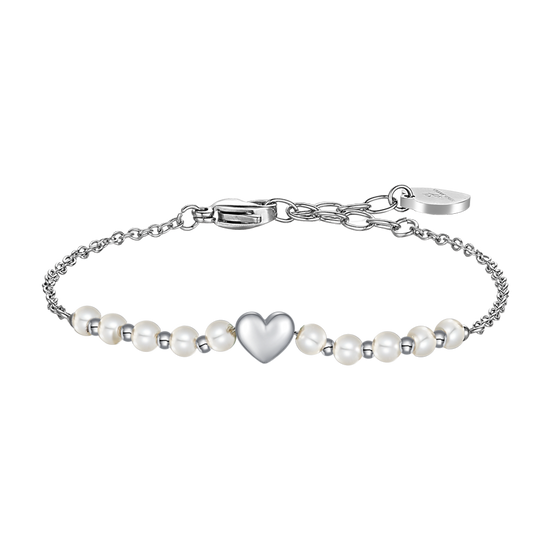 BRACCIALE DONNA IN ACCIAIO E PERLE BIANCHE CON CUORE