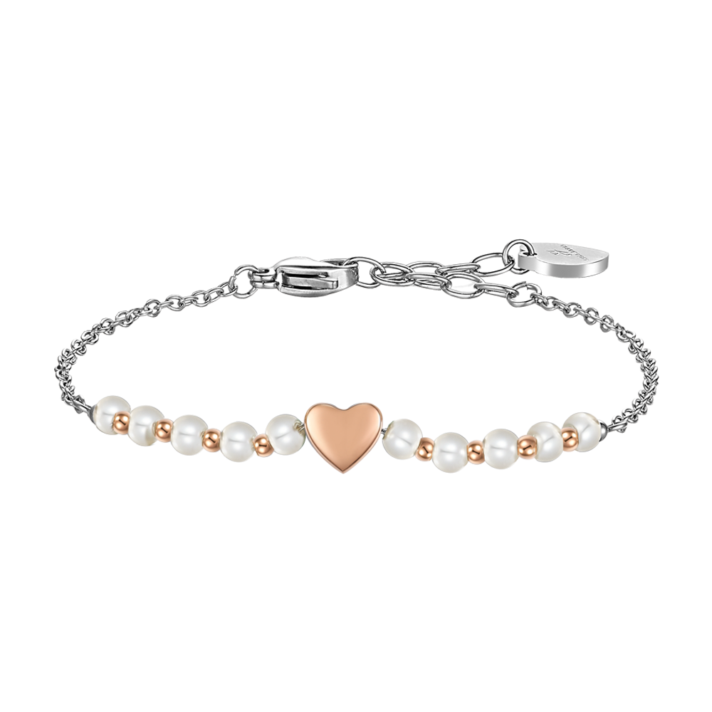 BRACCIALE DONNA IN ACCIAIO IP GOLD E PERLE BIANCHE CON CUORE IP ROSE