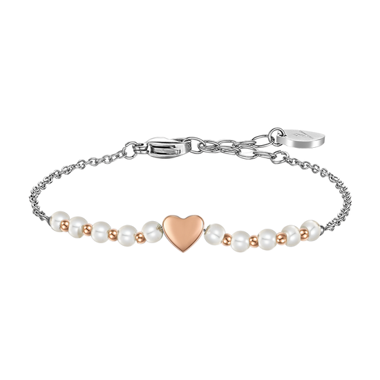 BRACCIALE DONNA IN ACCIAIO IP GOLD E PERLE BIANCHE CON CUORE IP ROSE